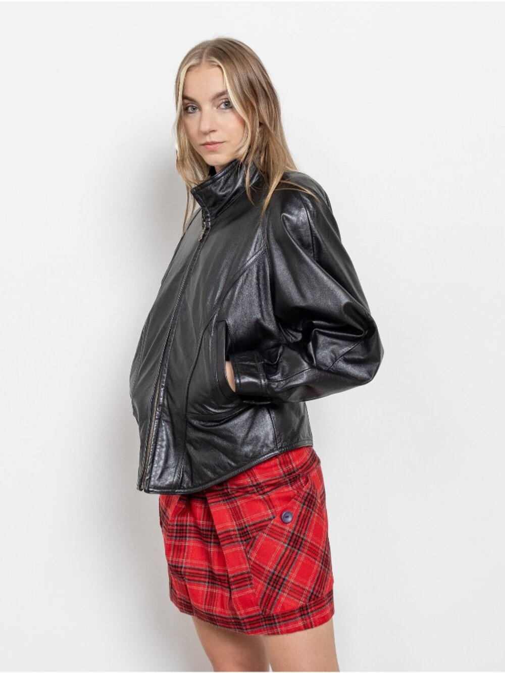 BLACK LEATHER JACKET Vintage Biker Motorcycle Blazer Woman 90's Fall Winter